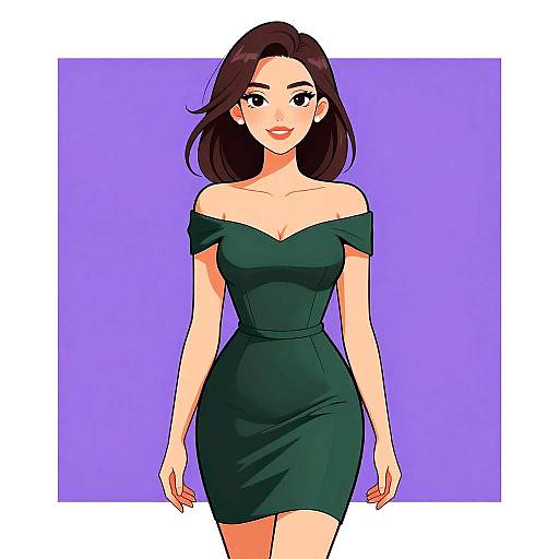 Digital anime-style drawing of a beautiful woman with fair skin, shoulder-length brown hair, wearing an off-shoulder dark green dress, smiling against a