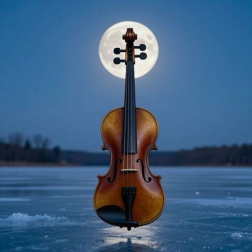 Photograph of a wooden violin standing upright on frozen lake, illuminated by a full moon in a clear, blue night sky.