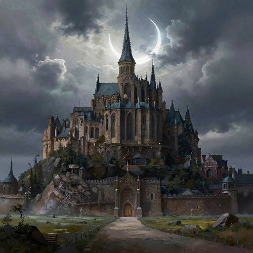 Photorealistic digital artwork of a Gothic-style castle with spires, illuminated by a bright moon in a stormy, cloudy night sky.