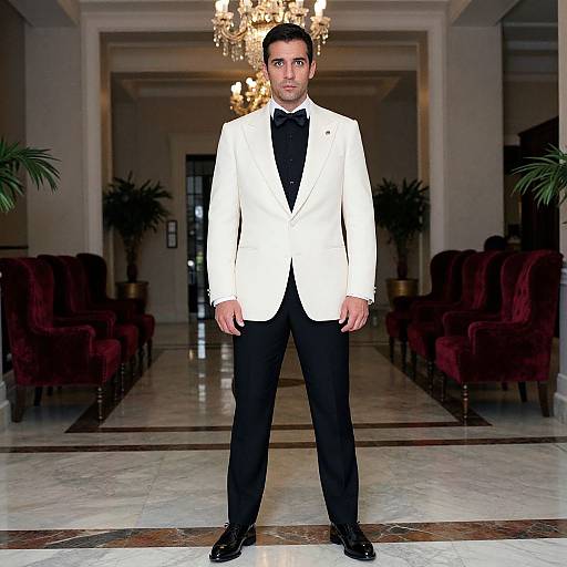 Photograph of a man with short black hair, wearing a white tuxedo jacket, black bow tie, and black pants, standing in an op