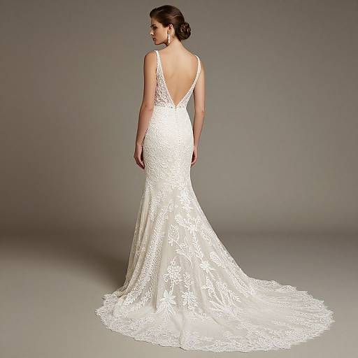 Photograph of a woman with dark hair in an elegant, backless, white lace mermaid wedding gown, standing with her back to the camera,