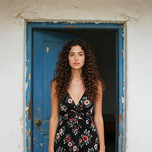 Photograph of a curly-haired woman with olive skin wearing a black floral dress standing in front of a blue, weathered door.