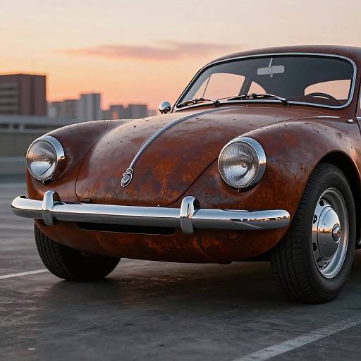 Photograph of a rusted vintage red classic car with chrome accents, large round headlights, and shiny wheels, parked on an urban rooftop at sunset.