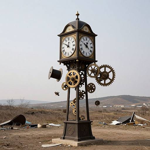 Photograph of an ornate, black clock tower with exposed gears and cogs, standing alone in a barren, grassy field with distant hills and