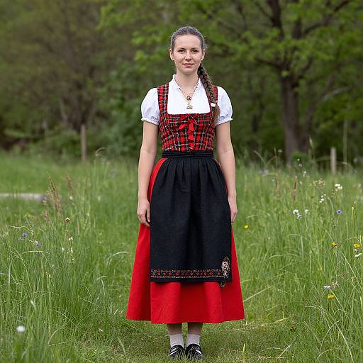 Photograph of a young woman with braided hair, wearing a white blouse, red and black plaid dress, standing in a grassy field with