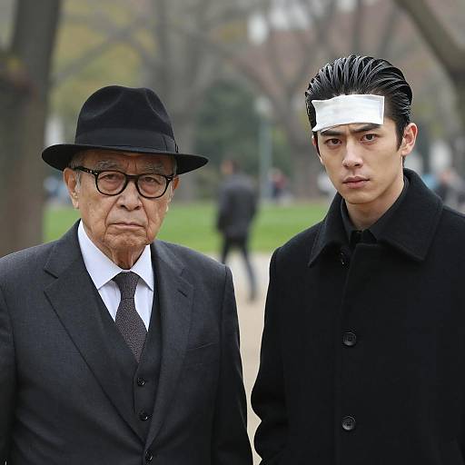 Serious men in park with bandage and black hat