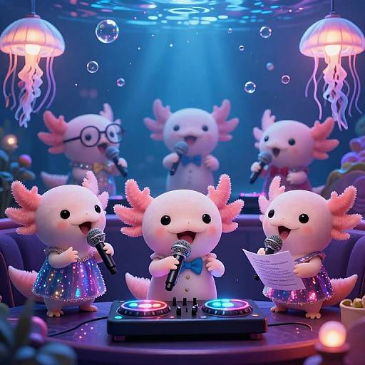 Cute digital illustration of four white, fish-like creatures with pink fins singing into microphones on stage, surrounded by jellyfish lights and bubbles.