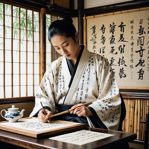 Elegant Calligrapher in Tranquil Tea Room