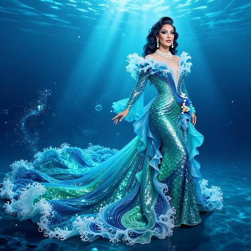 Photograph of a dark-haired woman in a shimmering, mermaid-style, blue-green sequined gown with white lace trim, underwater with glowing blue