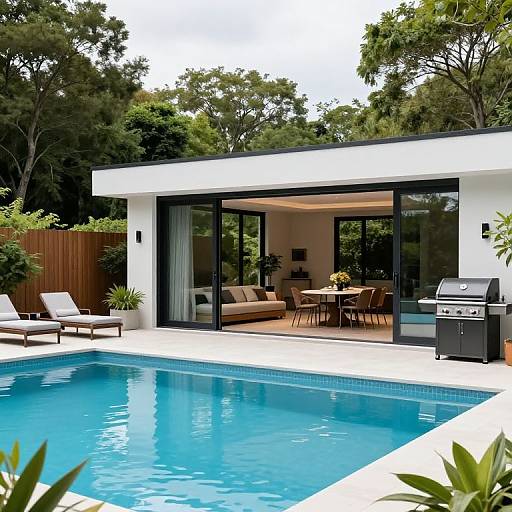 Modern Glass Doors Linking Pool and Outdoor Living