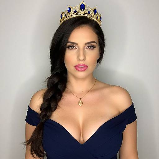 Photograph of a beautiful woman with long black hair in a braid, wearing a gold crown with blue gems, off-shoulder black dress,