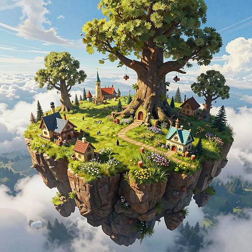 Whimsical digital illustration of a floating island village with colorful houses, towering trees, and vibrant greenery, set against a bright blue sky with fluffy