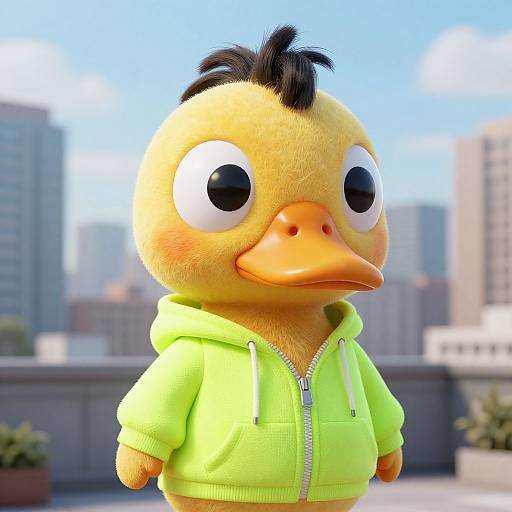 CGI cartoon yellow duckling with black tuft, large white eyes, orange beak, wearing a neon green hoodie, standing in front of a