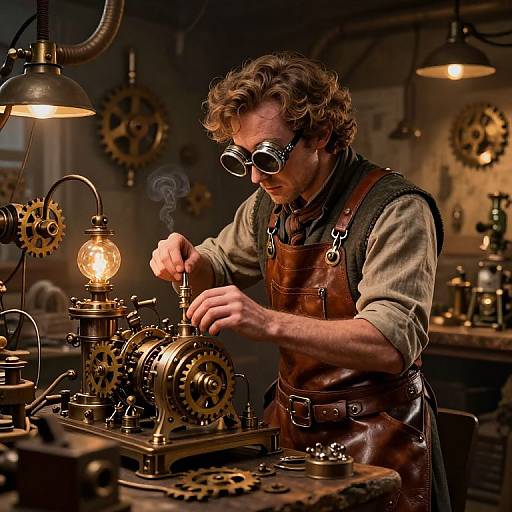 A curly-haired, bespectacled man in steampunk goggles and leather apron tinkers with intricate brass gears under warm, industrial lighting in