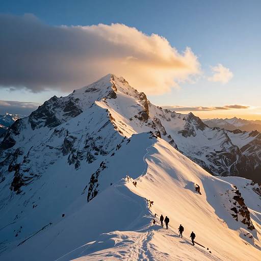 Photograph of a snow-covered mountain peak at sunset, with five hikers ascending, casting long shadows, and a golden sun breaking through clouds.