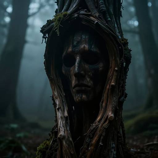 Photorealistic digital artwork of a mysterious, dark forest with a gnarled tree trunk resembling a human face, surrounded by misty, shadowy