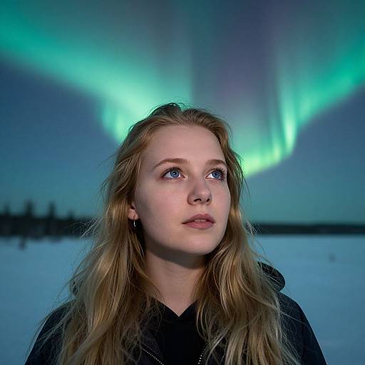 Photograph of a young blonde woman with fair skin, blue eyes, and wavy hair, looking up at vibrant green northern lights against a dark,
