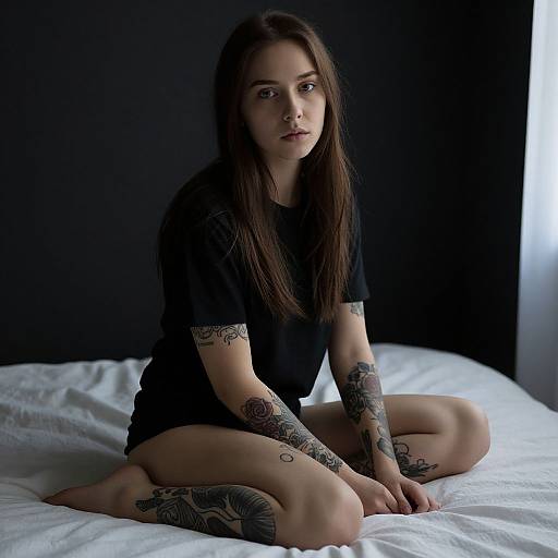 Photograph of a young woman with long brown hair, sitting cross-legged on a white bed, wearing a black t-shirt, showcasing intricate tattoos on her