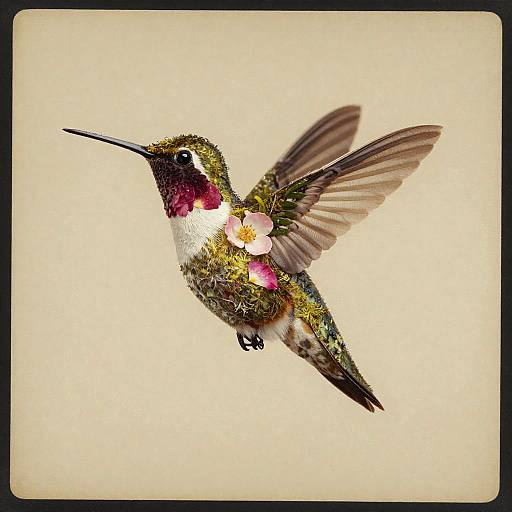 Botanical Hummingbird in Sepia Tone