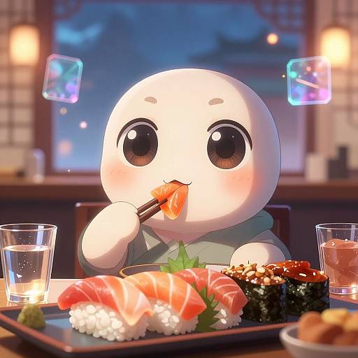 Cute chibi ghost with large eyes eating sushi at a dimly lit Japanese restaurant, surrounded by glass cups and illuminated plates.