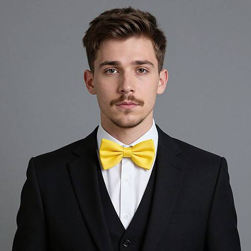 Photograph of a young Caucasian man with short brown hair, mustache, wearing a black suit, white shirt, and yellow bow tie, against a