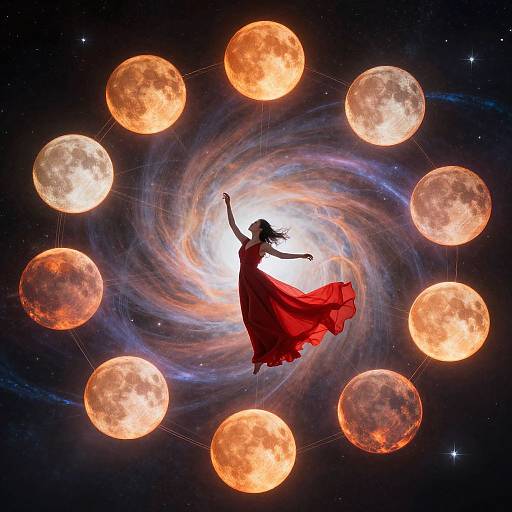 Silhouetted woman in flowing red dress dancing among glowing, fiery orange planets and a swirling galaxy in a starry space. Digital art.