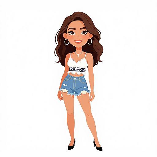 Cartoon-style illustration of a smiling woman with long brown hair, wearing a white lace crop top, distressed blue denim shorts, and black heels. White