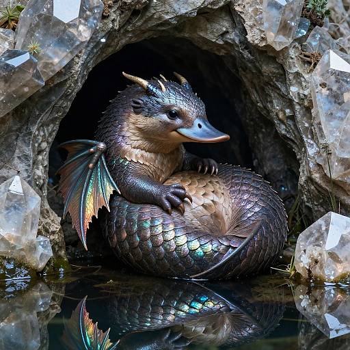 Digital artwork of a shimmering, iridescent dragon-like creature with metallic scales and blue-green wing membranes, coiled in a rocky cave with reflective