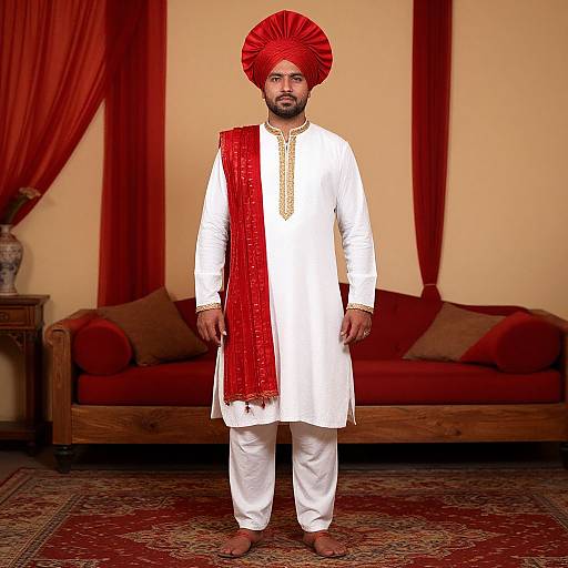 Photograph of a bearded man in white traditional Punjabi attire, red turban, and matching red scarf, standing in a room with red curtains