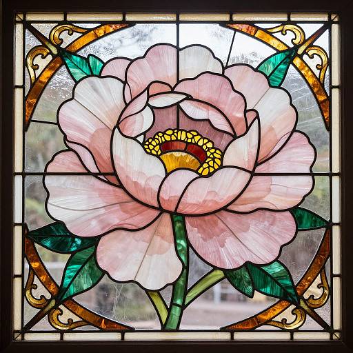 Stained glass artwork of a pink rose with green leaves, yellow center, framed by ornate gold patterns, set in a square window.