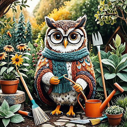 Bohemian Owl Gardening Illustration