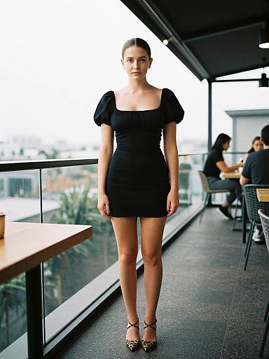 Woman in Black Mini Dress at Rooftop Eatery