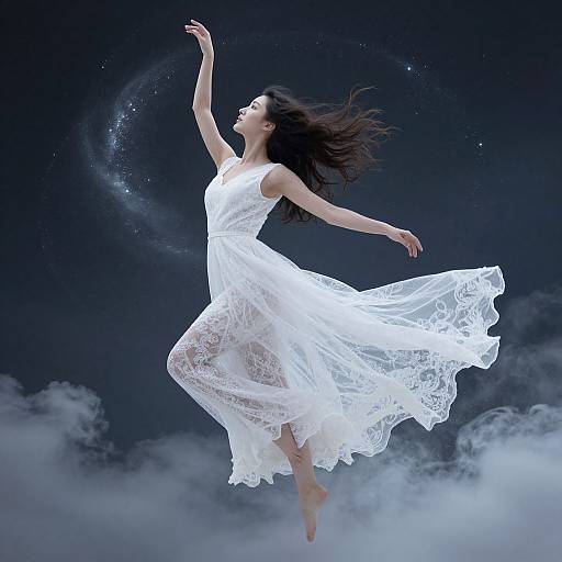 Photograph of a dancing woman in a flowing white lace dress, against a dark starry sky with clouds below, her long black hair flying gracefully.