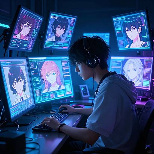 Anime-style digital illustration: Young man with headphones, wearing a white shirt, sits at a desk surrounded by multiple glowing blue computer monitors displaying anime girl faces