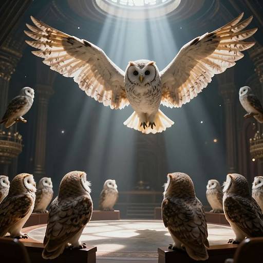 Digital artwork of a majestic owl with outstretched wings flying towards a beam of sunlight in a dark, grand hall, surrounded by eight seated owls