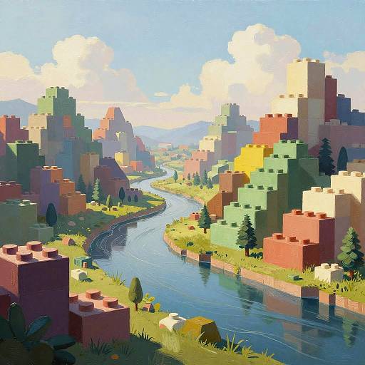 Surreal Lego Block Mountain Landscape