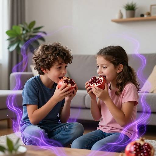 Photograph of two children, a curly-haired boy in blue and a girl with long hair in pink, eating chocolate-covered strawberries, surrounded by purple magical