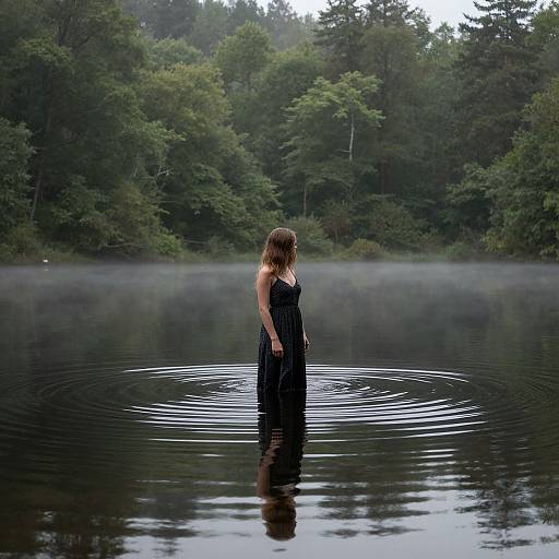 Photograph of a woman with long brown hair wearing a black dress standing in a calm, misty lake, surrounded by dense, green forest, with
