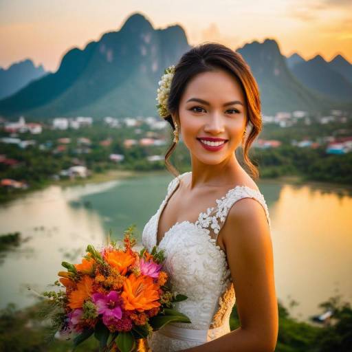 Smiling Bride in White Dress Holding Flower Bouquet