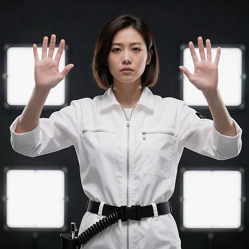 Woman in White Jumpsuit with Raised Hands