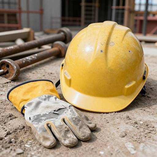 Photograph of a yellow hard hat and worn white work glove with black trim, lying on dusty construction site ground with rusted metal pipes in the background