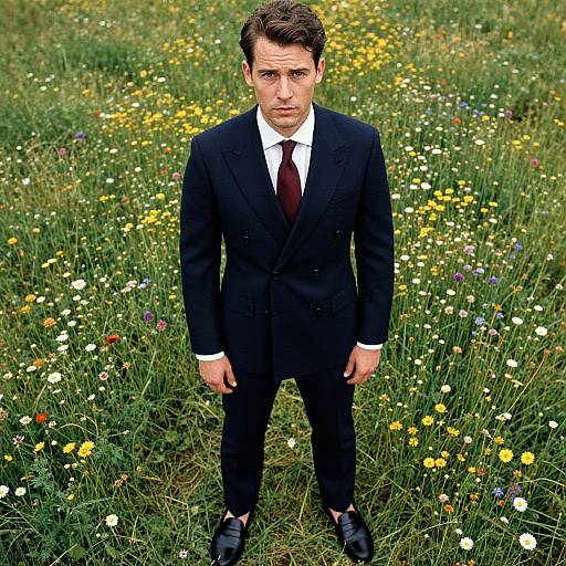 Photograph of a serious man in a black suit, white shirt, and maroon tie standing in a vibrant grassy meadow with yellow and white