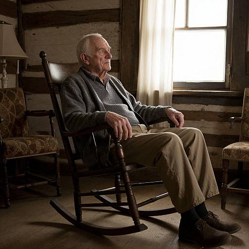Photograph of an elderly white man with white hair, wearing a gray cardigan, striped shirt, beige pants, and black shoes, sitting in a