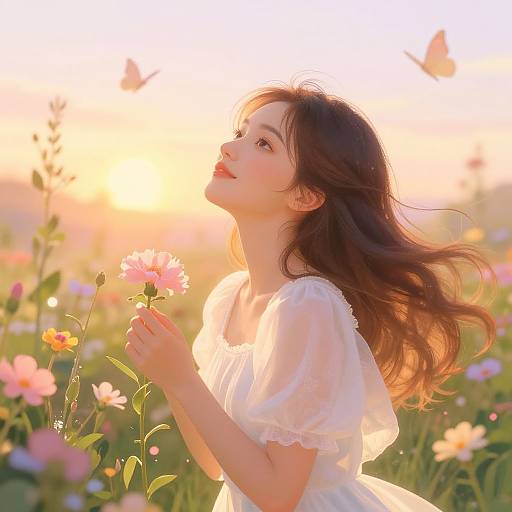 Young woman with flowing brown hair in white dress, holding pink flower, surrounded by colorful flowers, sunlight, and butterflies, serene and dreamy. (
