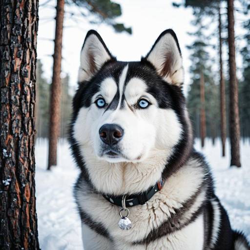 Siberian Husky in Snowy Pine Forest Siberian Husky in Snowy Pine Forest