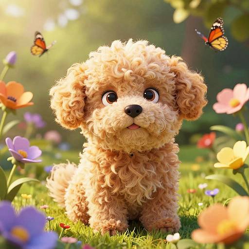 Cute, curly-haired puppy with big eyes sitting in a sunny garden, surrounded by colorful flowers and two butterflies. Digital illustration.
