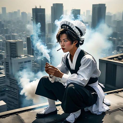 Anime-style digital artwork of a young Asian man in a traditional Japanese outfit, smoking a pipe, with smoke and cityscape background.