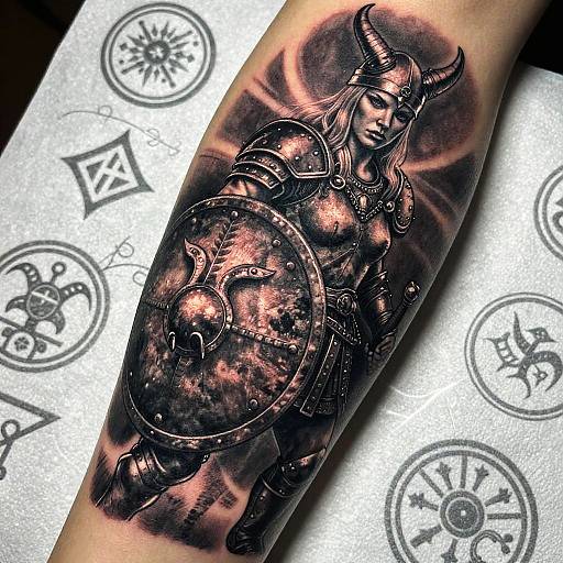 Black and gray tattoo of armored Viking woman with horns, shield, and helmet on forearm. Background features tattoo designs. Photorealistic style.