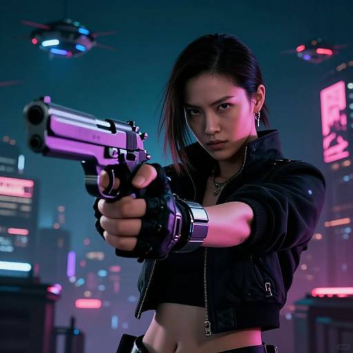 Digital artwork of an Asian woman with black hair, wearing a black jacket and gloves, pointing a purple gun in a neon-lit, futuristic cityscape