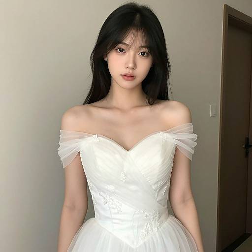 Young Asian woman with long black hair in a white off-shoulder wedding dress, standing indoors against a plain wall.